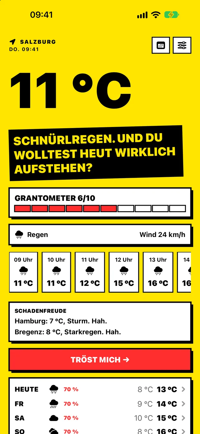 Heute-Screen im Design Grant Brutal: 11 °C in Salzburg, Grantometer 6 von 10 und der Spruch „Schnürlregen. Und du wolltest heut wirklich aufstehen?“