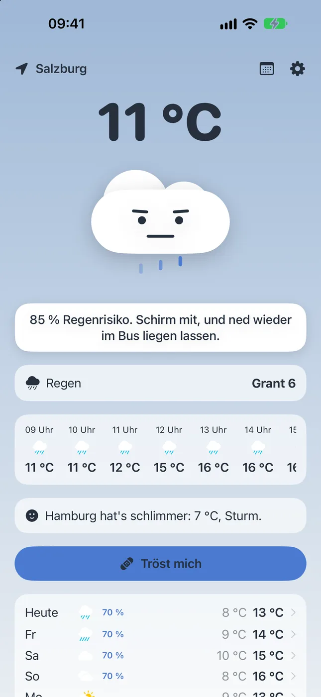 Design Wolkerl mit der Persona Oma: „85 % Regenrisiko. Schirm mit, und ned wieder im Bus liegen lassen.“