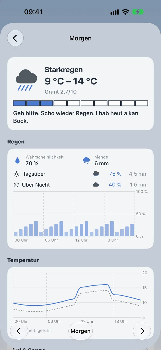 Tagesübersicht für morgen: Starkregen, 9 bis 14 °C, Regenwahrscheinlichkeit Stunde für Stunde