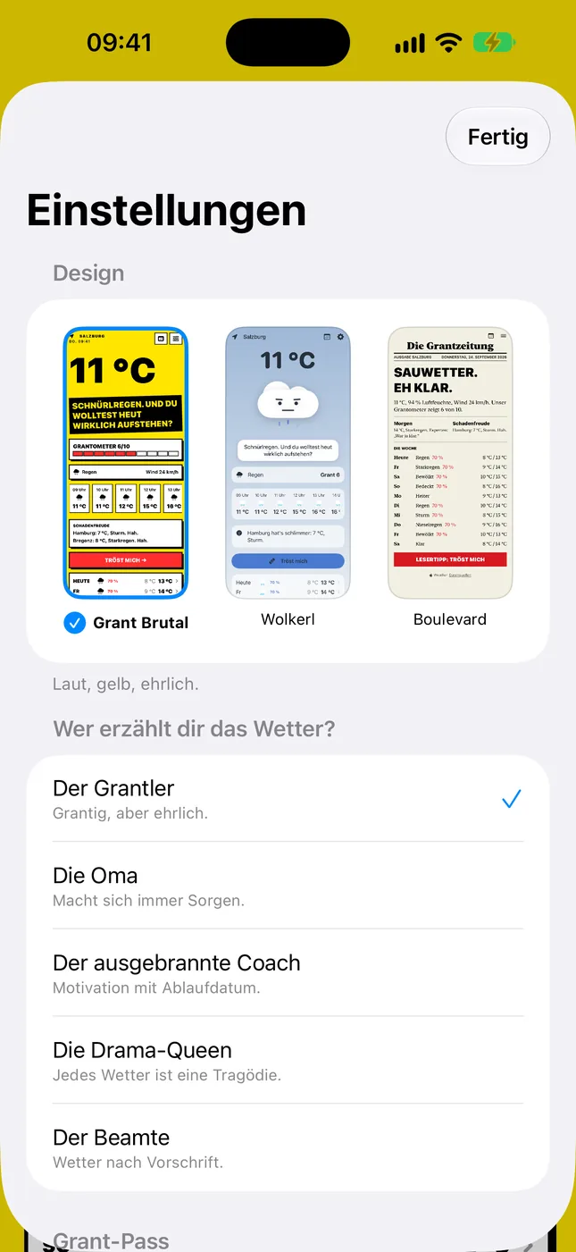 Einstellungen: Design-Auswahl mit Vorschau der drei Designs und die fünf Personas