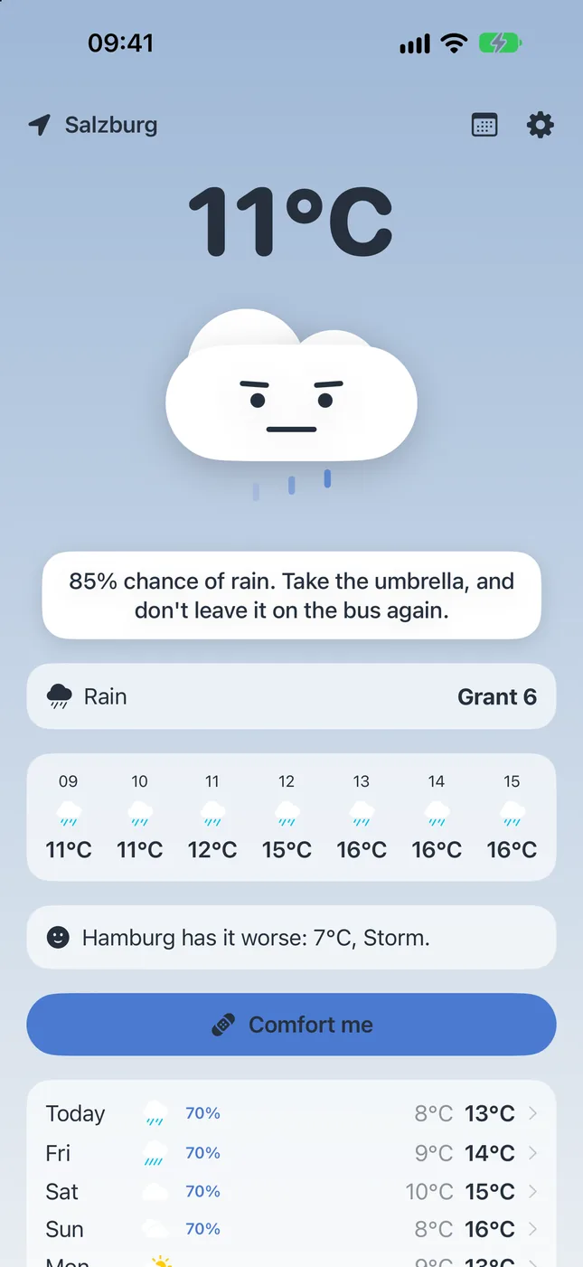Grumpy Cloud design with the Granny persona reminding you to take an umbrella