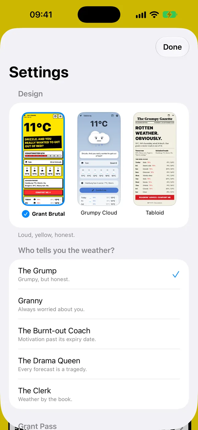 Settings: choosing between the three designs with a live preview, and the five personas