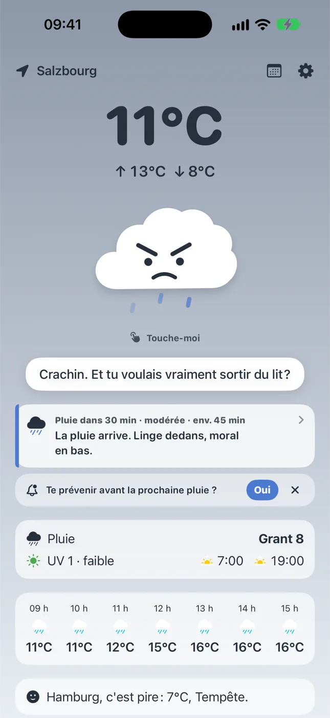 Design Nuage grognon : 11 °C, la pluie arrive dans 30 minutes et le grant du jour
