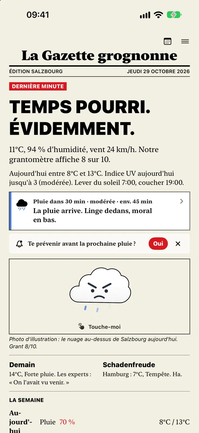 Design Tabloïd : « La Gazette grognonne » avec la météo en une