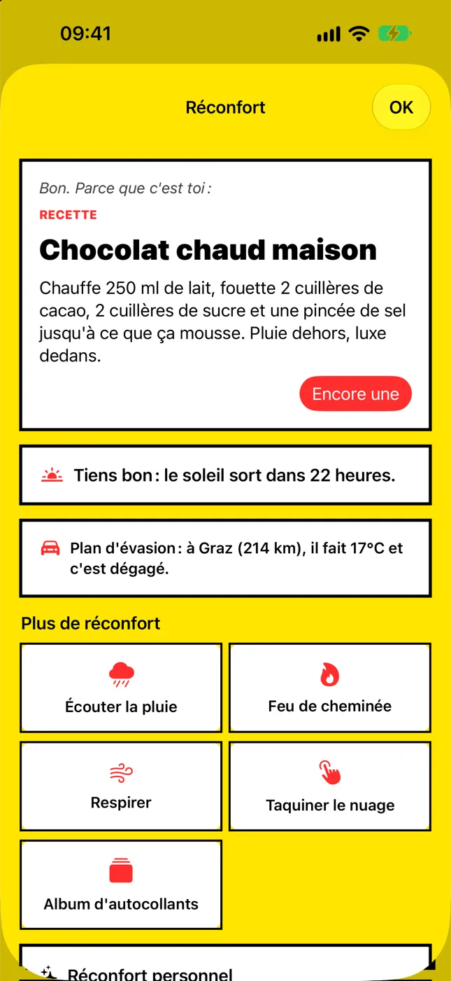 « Console-moi » : recette de chocolat chaud maison, compte à rebours du soleil, plan d'évasion, sons de pluie et de cheminée