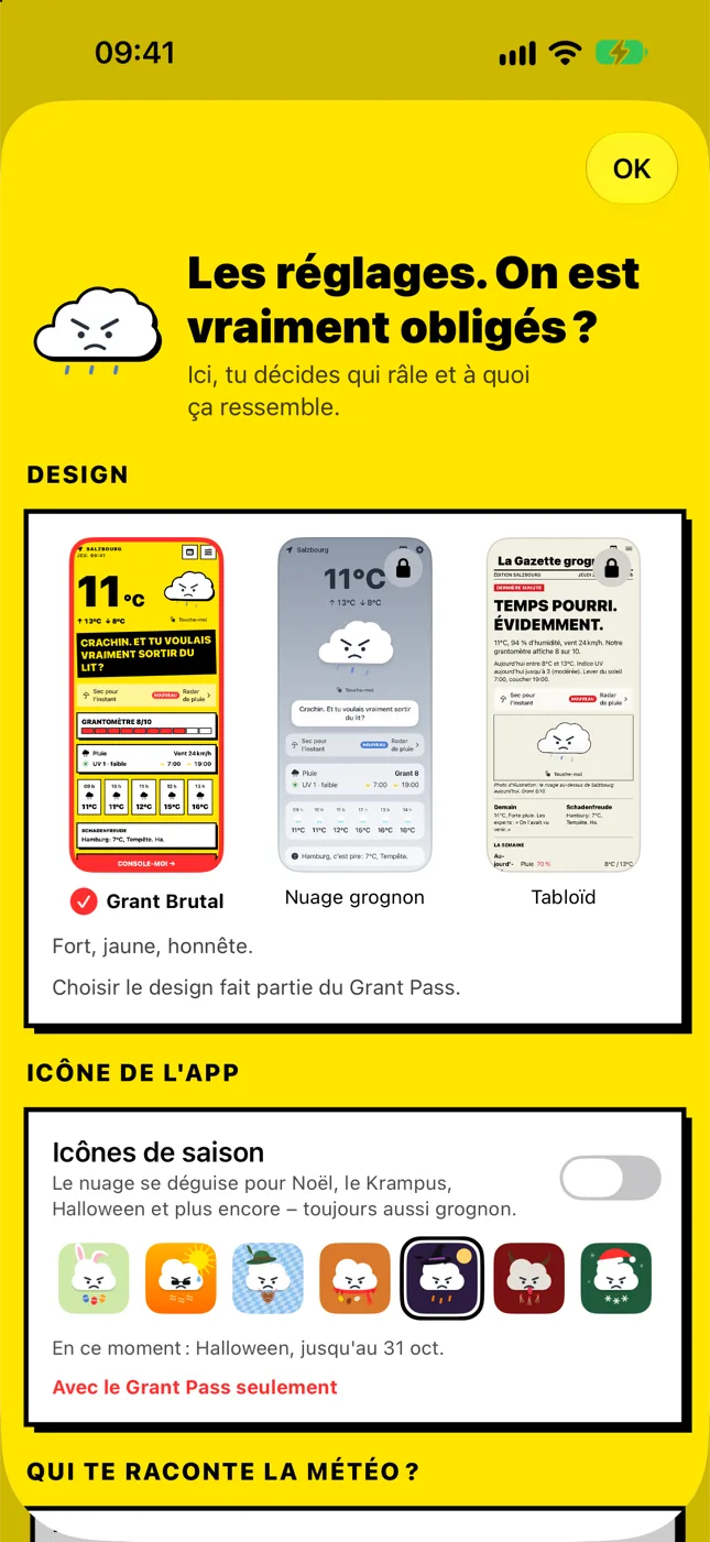 Réglages : choix entre les trois designs avec aperçu en direct et icônes de saison